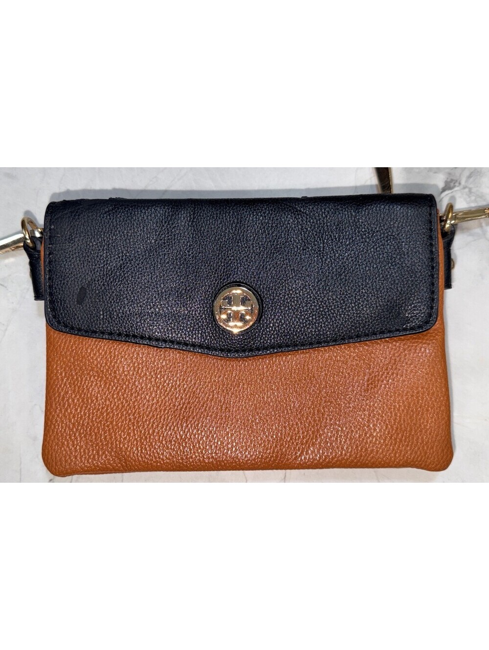 Tory Burch Colorblock Pebbled Leather Crossbody Wallet Black Cognac Gold Logo